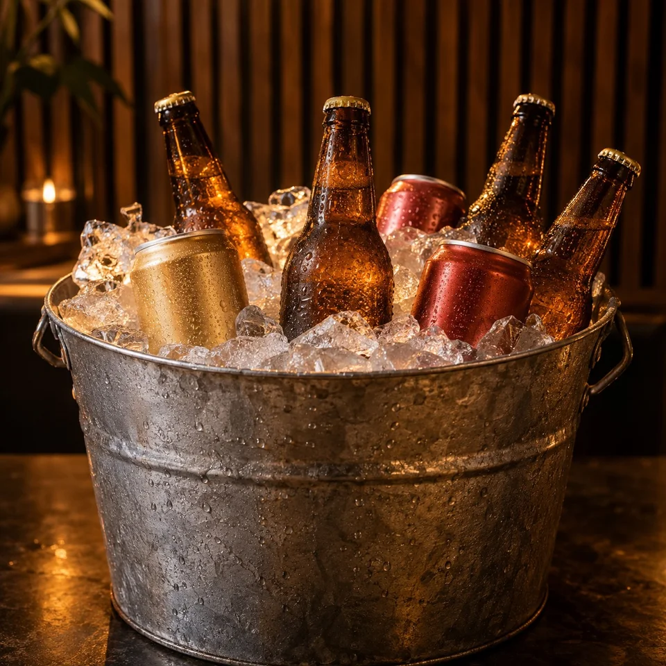 Cervezas, hielo y snacks para la fiesta